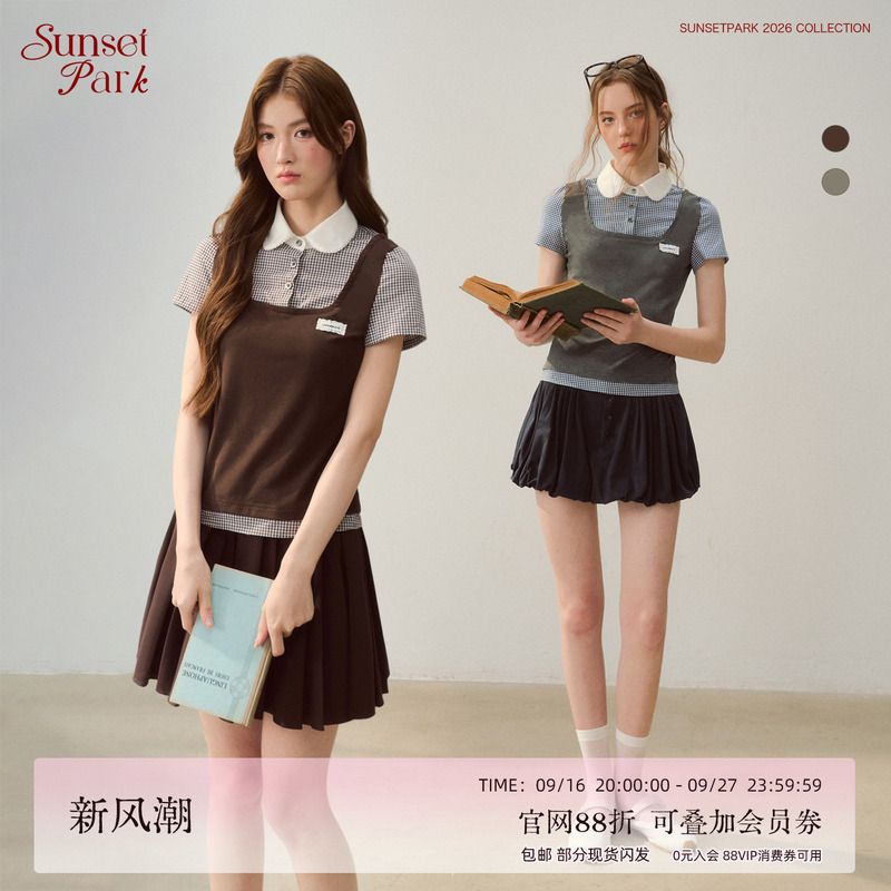 Sunsetpark "Waiting for You to Get Out of Class" Fake Two-Piece Doll Collar College Style Shirt T-Shirt Top Summer Sunsetpark "Waiting for You to Get Out of Class" Fake Two-Piece Doll Collar College Style Shirt T-Shirt Top Summer