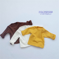 Baby pure cotton bottoming shirt men and women baby solid color round neck T-shirt all-match brushed elastic inner spring autumn winter top t