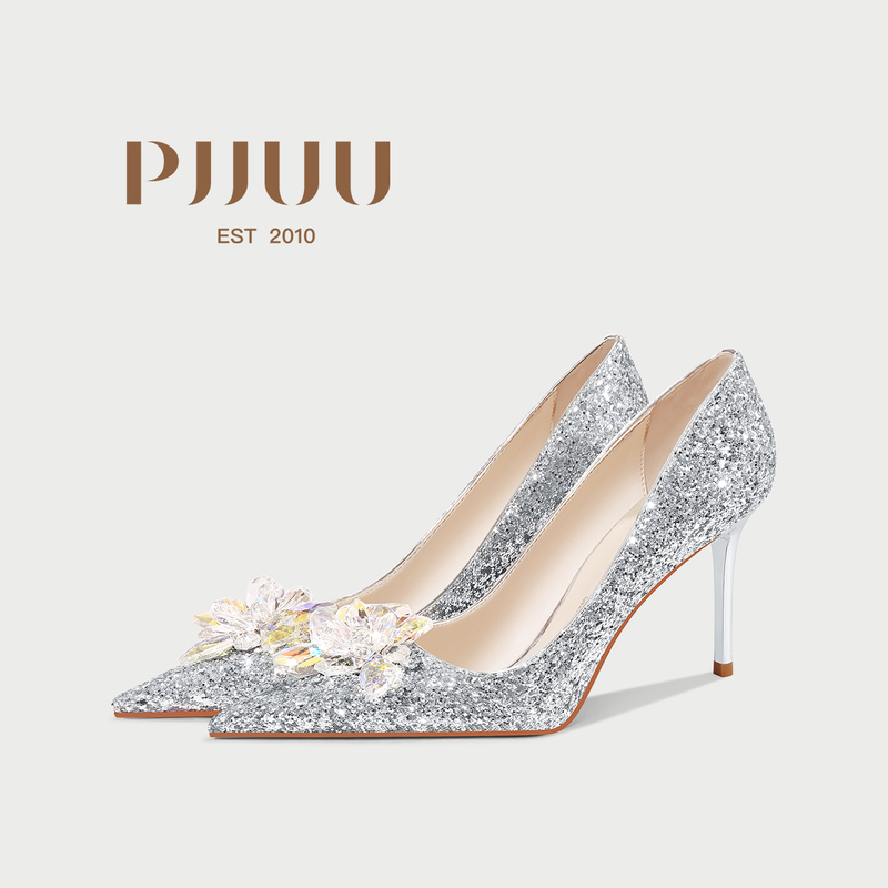 Pjjuu Crystal Flower Wedding Shoes for Women, Bride's Main Wedding Dress, Comfortable and Beautiful Silver High Heels for Adults