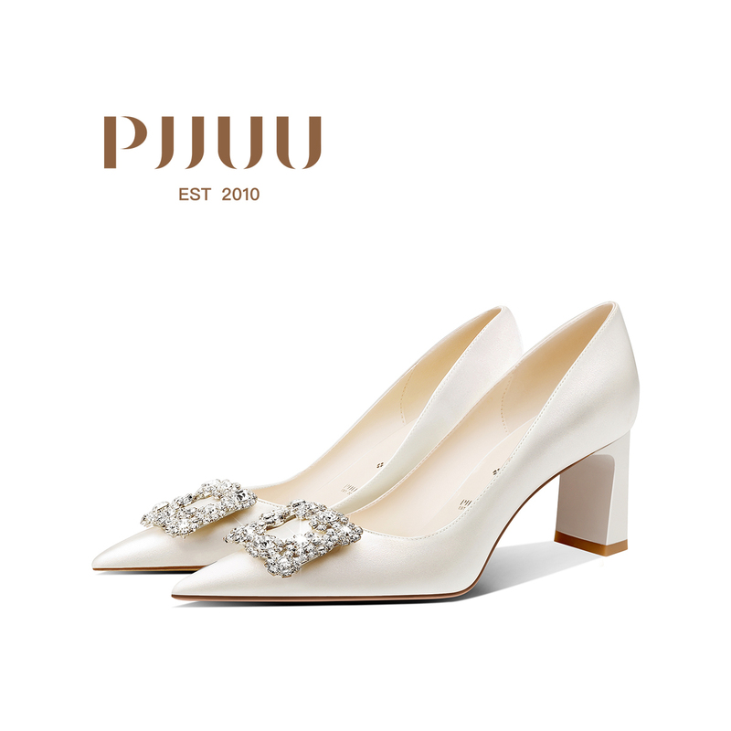 Pjjuu Wedding Shoes French High-Heeled Shoes White Satin Evening Dress Wedding Dress Bridal Shoes Thick Heel Square Buckle Flats for Women Pjjuu Wedding Shoes French High-Heeled Shoes White Satin Evening Dress Wedding Dress Bridal Shoes Thick Heel Square Buckle Flats for Women