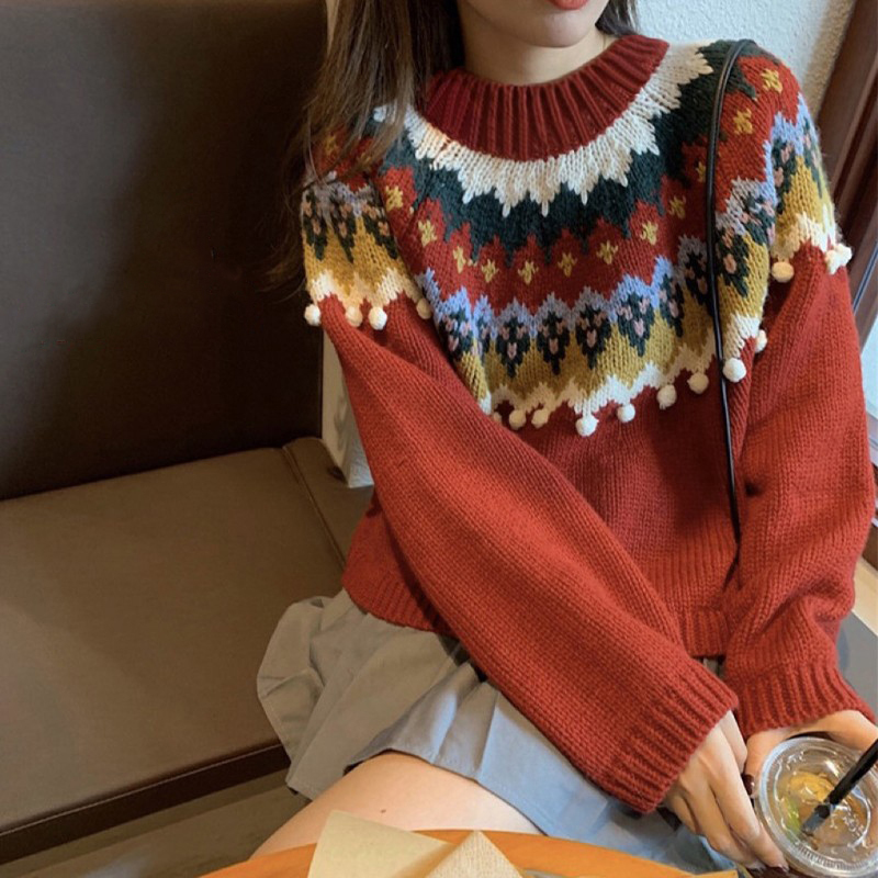 Vintage Heavy-Duty Red Fair Isle Christmas Sweater for Women, Autumn and Winter Loose Lazy Style Knitwear, Soft and Thick Top