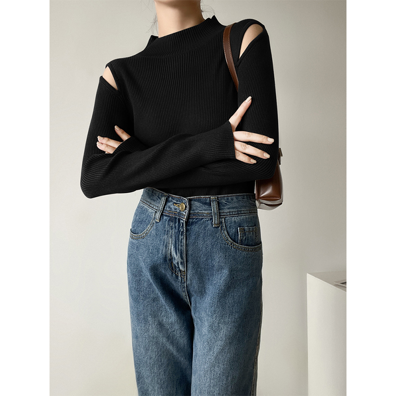 Melard Style Half-High Collar Off-Shoulder Pullover Knit Sweater for Women, Autumn and Winter Inner Wear, Hollow-Out T-Shirt Top