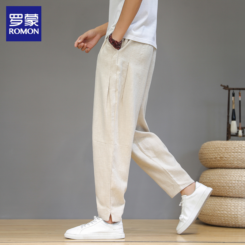 Romon Linen Casual Pants Men's Loose Fit Jogger Sweatpants Summer New Trendy Harem Long Pants Men's Trousers
