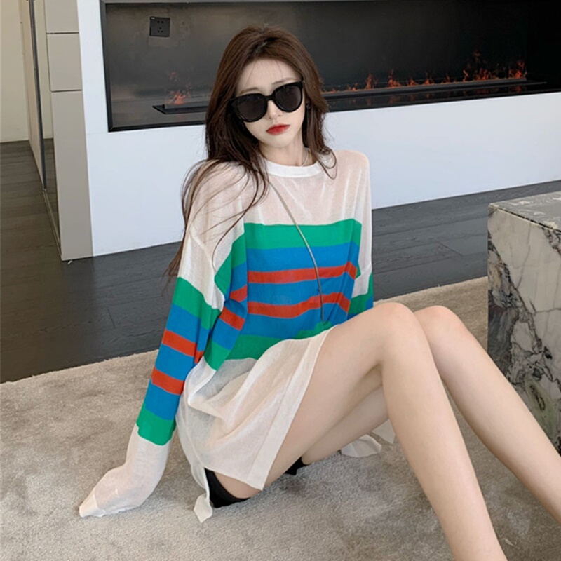 2026 Summer New Striped Long-Sleeve T-Shirt for Women, Mid-Length, Thin, Slightly See-Through, Lazy and Loose, Sun-Protective Cover-Up