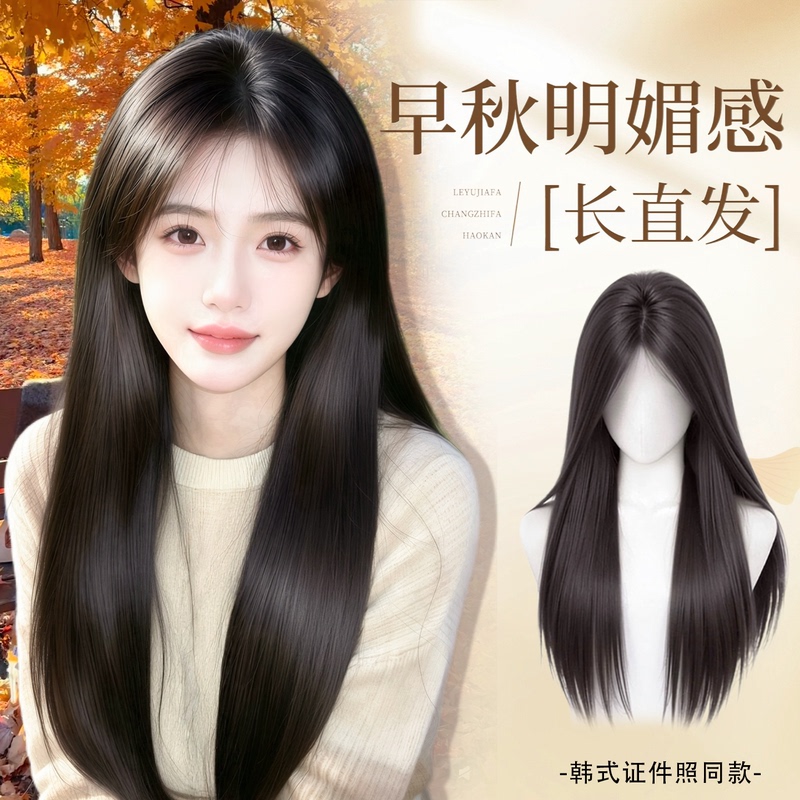 Full Head Wig for Women with Baby Hair at the Forehead, Middle Parting, Black Long Straight Natural Seamless Synthetic Hair, Everyday Early Autumn Style Wig