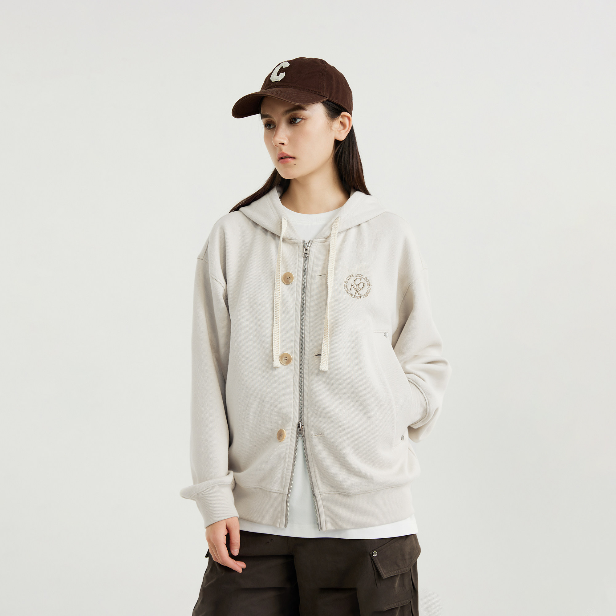 Conklab Button-Zip Dual-Wear Hooded Design Embroidered Sweatshirt ...