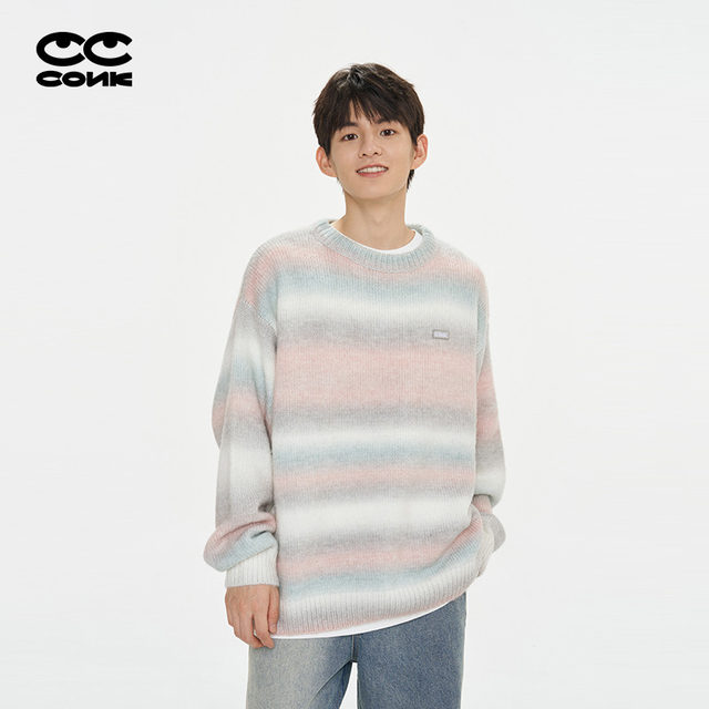 conklab Retro Gradient ສີເສັ້ນດ້າຍ Sweater ແບບຄູ່ຮັກຄົນອັບເດດ: ແຫ່ງຊາດດູໃບໄມ້ລົ່ນແລະລະດູຫນາວ Loose Round Neck Knitted Top Lazy Style