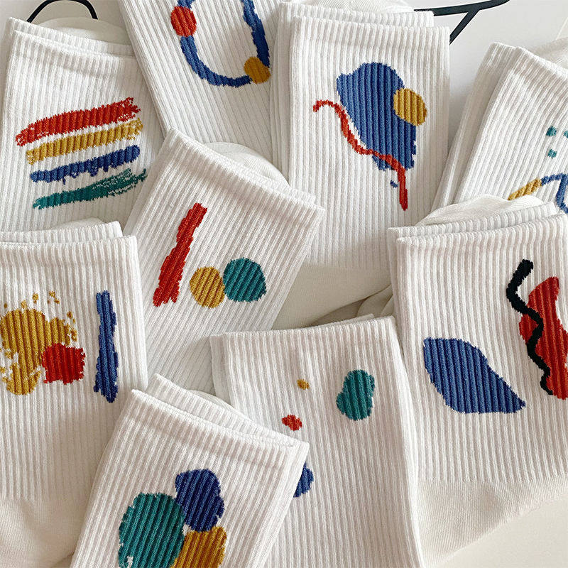 White Long Sox Children's Korean version of the cylinder Chains Chains 100 hitch Socks Doodle Minimalist Autumn Winter Style Academy Wind Long Barrel-Taobao