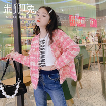 Mi Qing rabbit girl jacket autumn clothing 2021 new middle and big children small fragrant style jacket childrens plaid foreign style coat tide