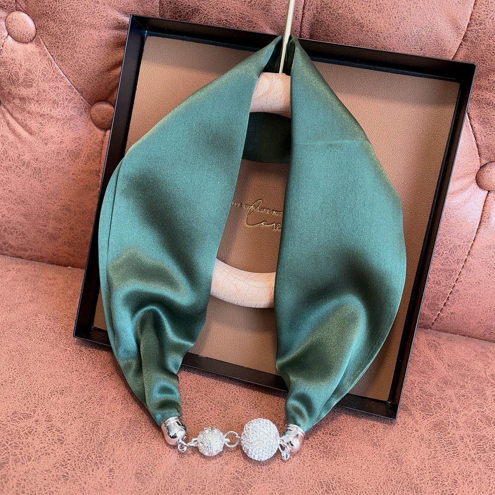Pure color multi-function magnetic button necklace long silk towel with neck lazy small collar silk tie