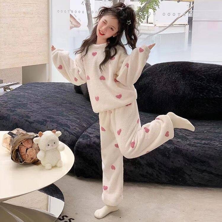 Flannel New Long-Sleeved Long Pants Pajamas for Children Girls Cartoon Autumn and Winter Girls Coral Thickened Home Wear Set