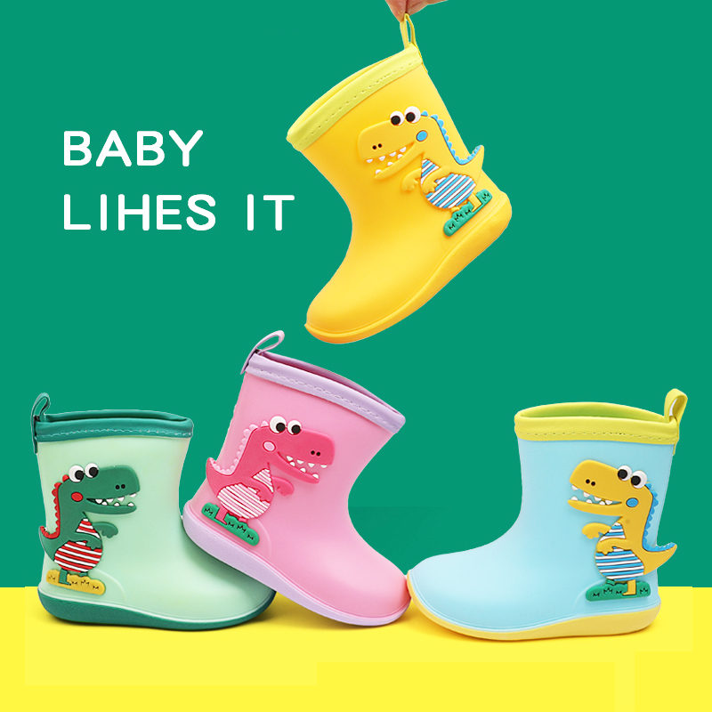 Children's rain shoes male and female children's baby kindergarten students anti-slip plus suede children's water shoes dinosaur Cute Rain Boots