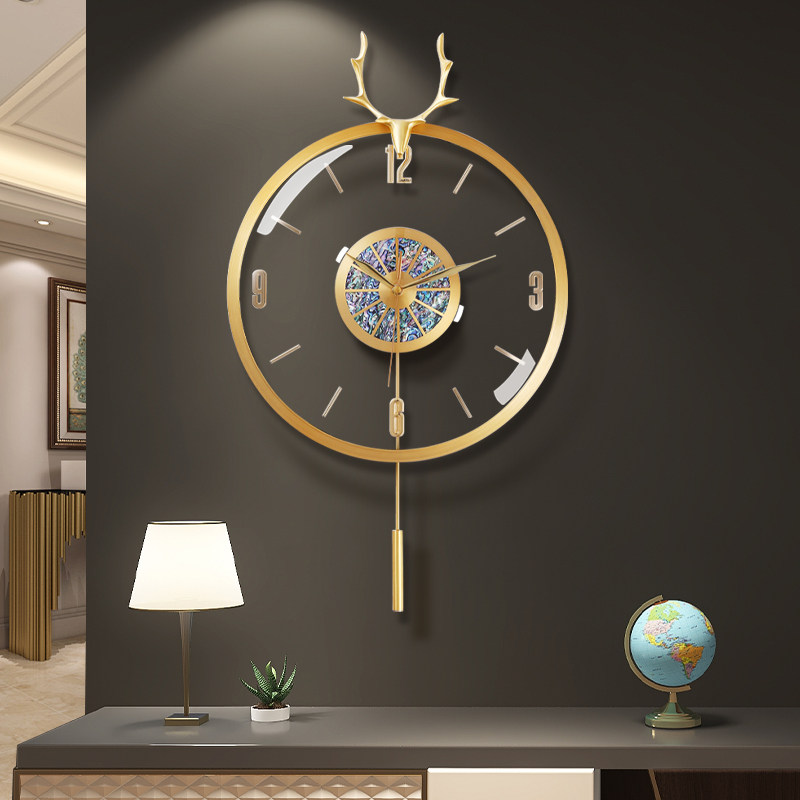 Deer-headed clock in Northern Europe light luxury living room clock household fashion creative shell decorated pure copper transparent quartz watch