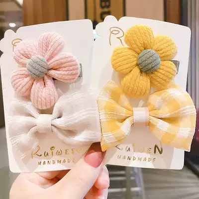 Korean flower bow hairclip headgear children sweet princess hairclip cute baby plaid fabric duck clip
