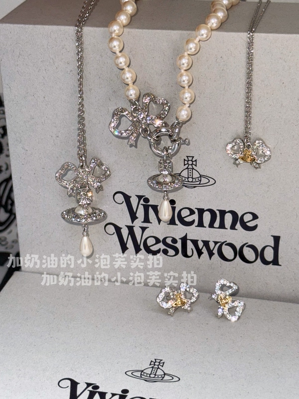 In Stock Vivienne Westwood Rigoberta Saturn Necklace, Earrings, and Bracelet with Bow