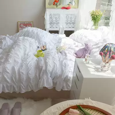 Net Red Princess Heart clean white bed waffle foam four-piece bed group breathable girls bedroom lace quilt cover