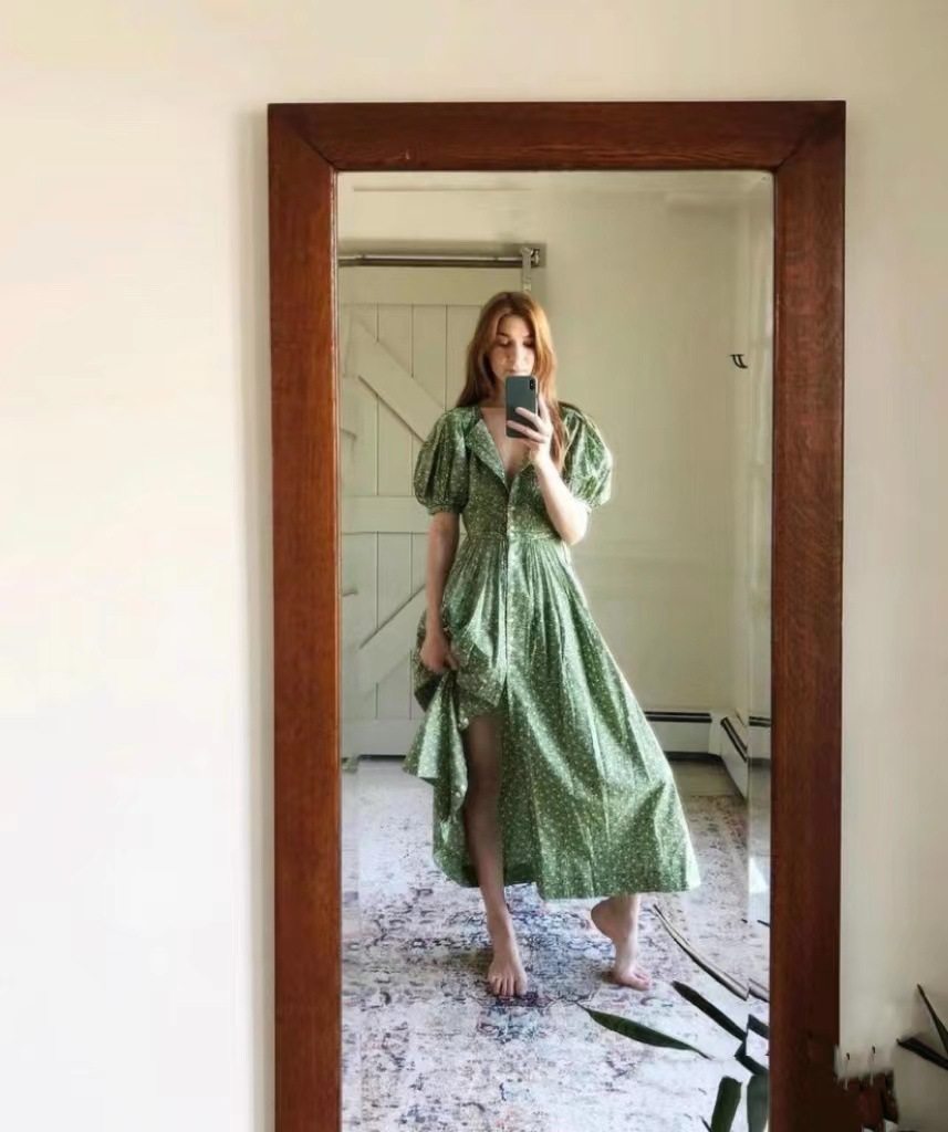 do*EN Green floral puffy sleeve dress | eBay