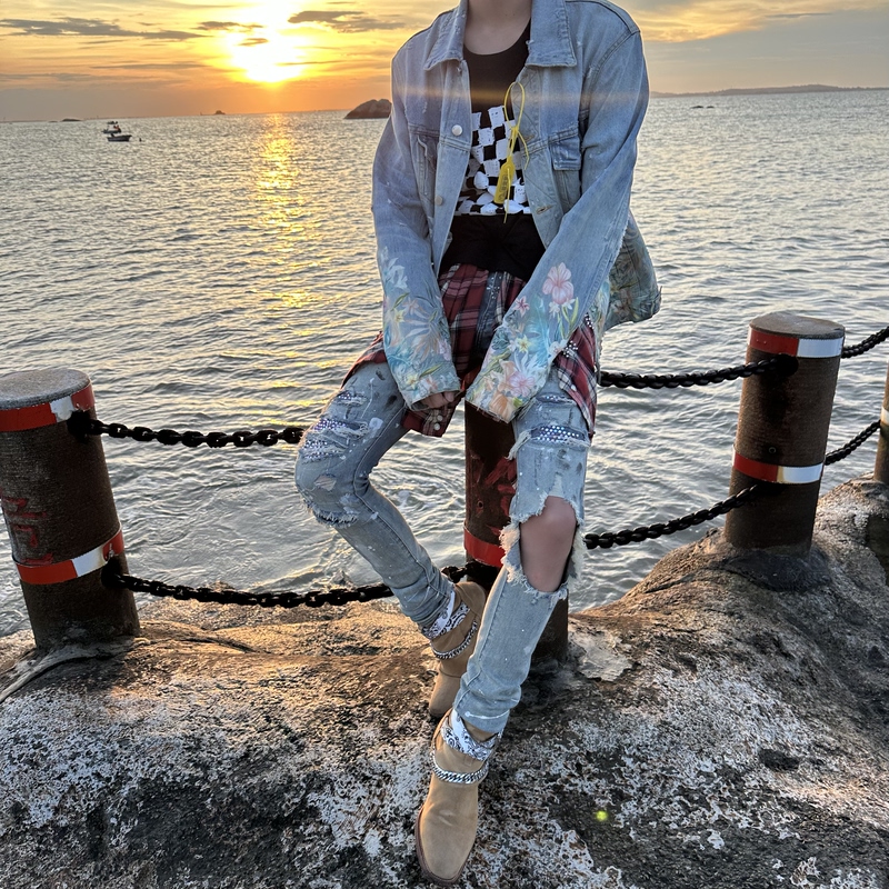 Orange Made Floral Jacket Denim Digital Direct-Print Gradient High Street European and American Streetwear Jacket