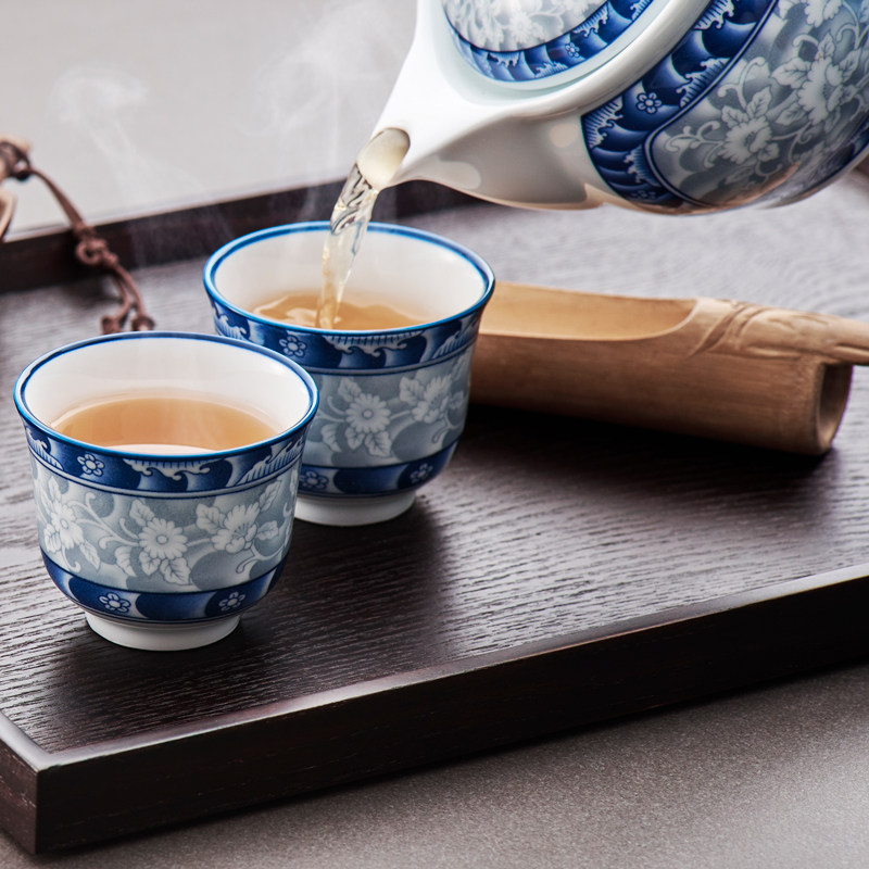 Ginseng Chinese Blue Flower Porcelain Teapot Tea Tea Set Group Home Retro Green Flower Cold Kettle Ceramic Tea Cup Water Cup Saucer