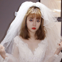 Head yarn headdress photo props Super fairy bride wedding dress short Moren line Tour Net red ins simple puffy gauze