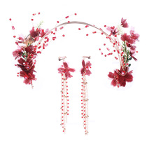 Hair hoop red flower head button earrings wedding dress accessories Bride wedding tiara toast