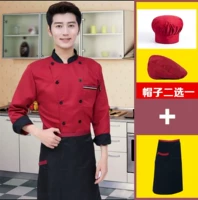 Красный лонгслив, фартук, шапка