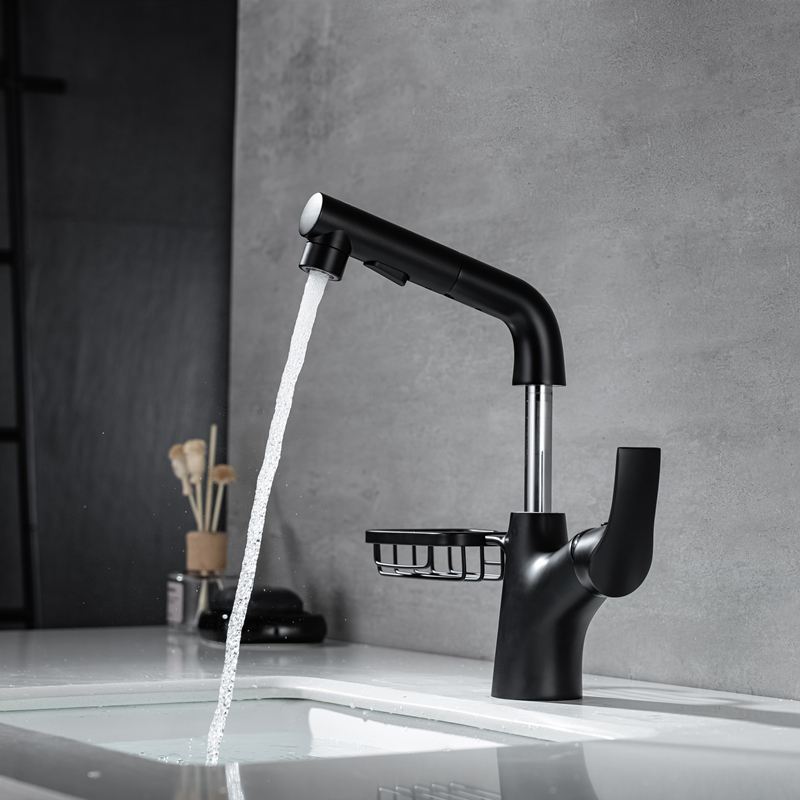 YEFG black pull-out basin faucet with storage basket hot and cold hand wash basin wash head lifting telescopic