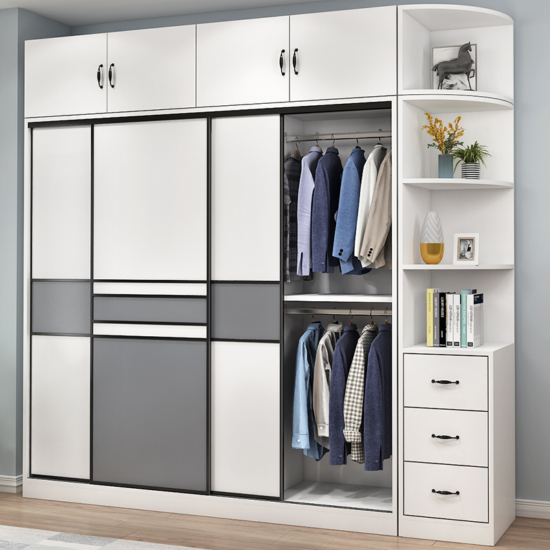 Sliding door large wardrobe Home bedroom overall cabinet solid wood economy modern simple rental house storage wardrobe