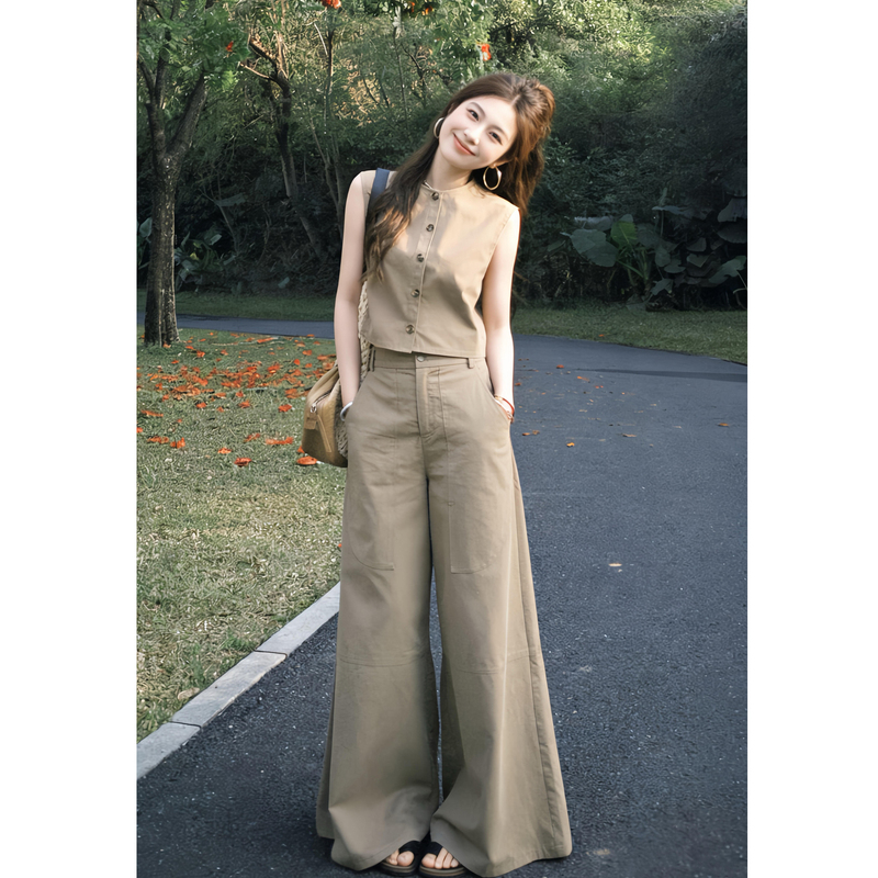 2026 Super Trendy Outfit: a Complete Set of Sleeveless Vest and High-Waisted Wide-Leg Pants for Women, Fashionable and Slimming Two-Piece Set for Summer