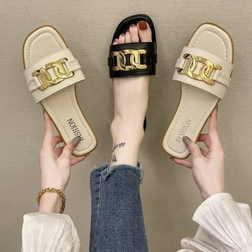 金属拖鞋女2021夏季新款一字平底休闲海边度假沙滩凉拖ins潮