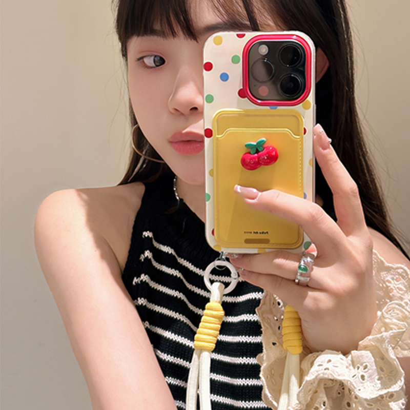 Sweet Girl Cherry Card Holder Case with Lanyard Suitable for Apple 16Plus Phone Case 14Plus Protective Case 13Pro Anti-Drop 12Promax Cute Ip11 Soft Case XS Matte 8P Seven 15Pro Transparent