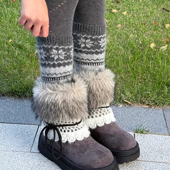 Gray Fair Isle Wool Slouch Socks for Women, Autumn and Winter 2025 New Vintage Slimming Thickened Snow Boot Leg Warmers