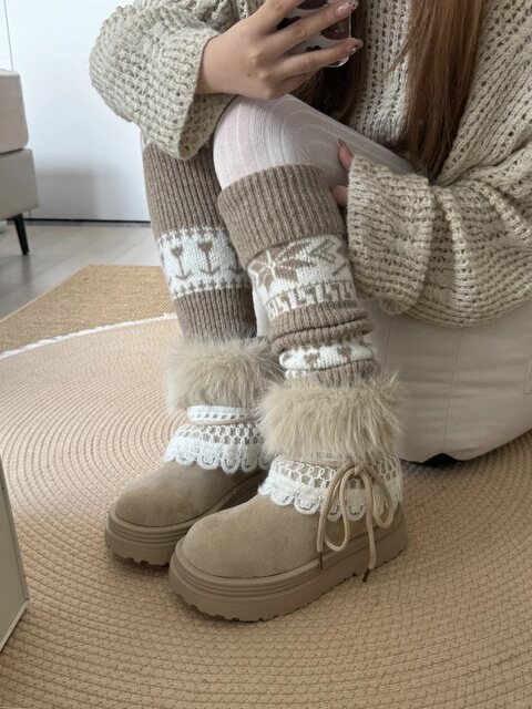 Sock Covers for Women's Snow Boots, Autumn and Winter Khaki Fair Isle Slouch Socks, Warm and Thick Retro Calf Warmers