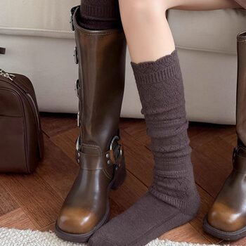 Japanese Retro Hollow Wool Calf Socks for Women, Mid-Calf Slouch Socks, Autumn and Winter Warm Socks to Match Boots, Long Socks, Boot Socks