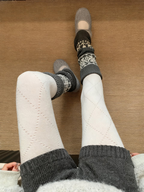Retro Fair Isle Stacked Socks for Autumn and Winter, Warm and Suitable for Pairing with Snow Boots, Leggings, Cashmere Thickened Gray Calf Sleeves