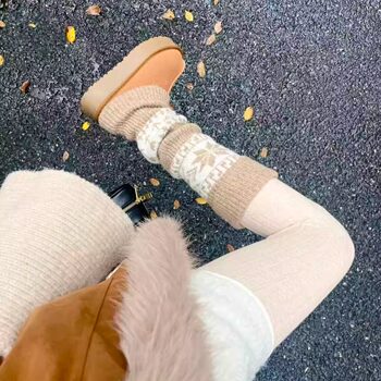 Sock Covers for Women's Snow Boots, Autumn and Winter Khaki Fair Isle Slouch Socks, Warm and Thick Retro Calf Warmers