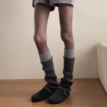 Color-Blocked Knitted Warm Leg Warmers, Calf Socks Paired with Shark Pants, Layered Slouch Socks, Slimming Micro-Flared Calf Sleeves for Autumn and Winter