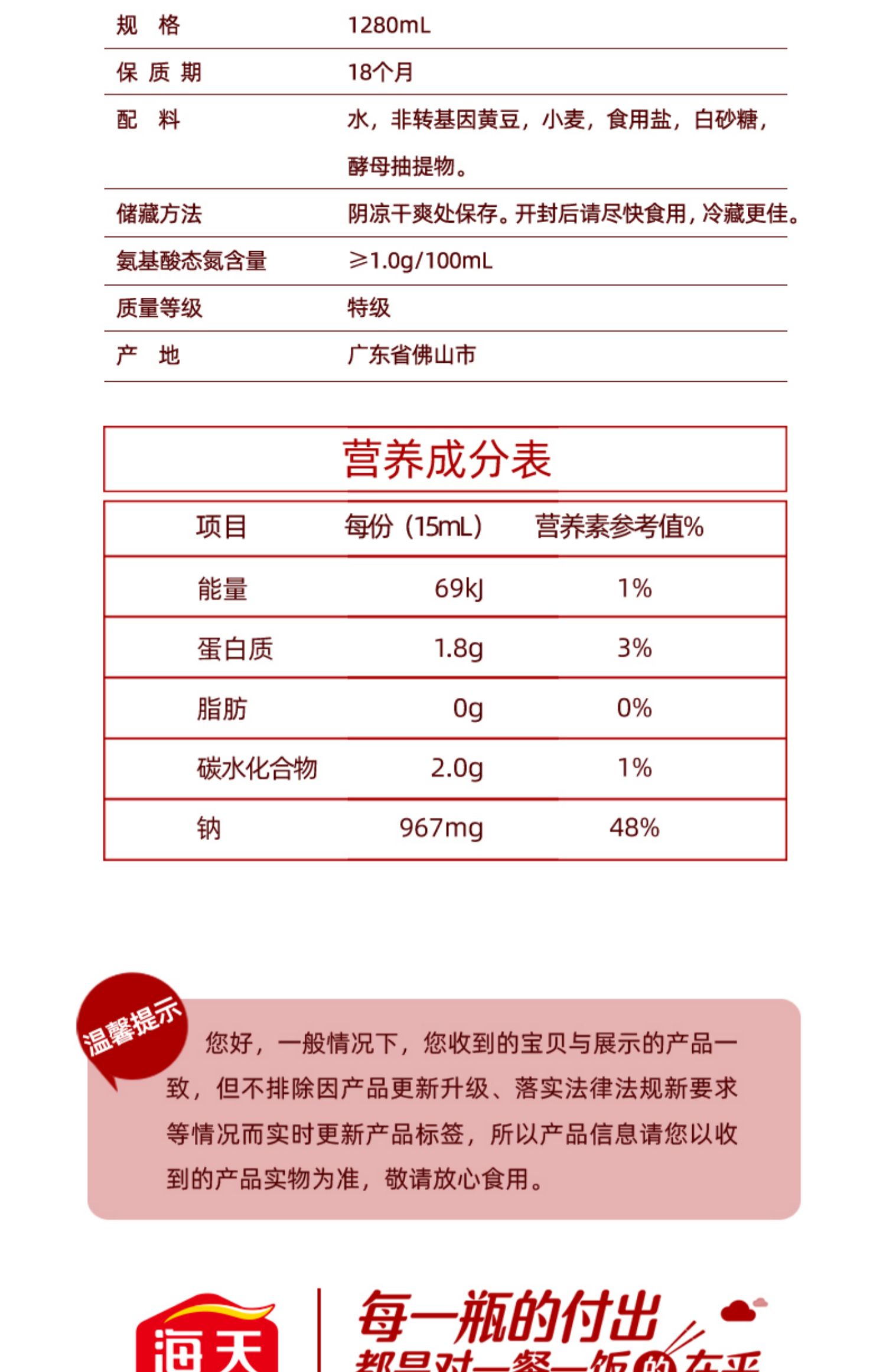 海天【零添加】头道酱油生抽1.28L
