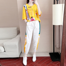  Sports suit womens summer casual fashion age-reducing printing tide brand mid-sleeve age-reducing quick-drying thin running two-piece suit