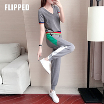  Ice silk knitted sports suit womens summer new stitching casual V-neck short-sleeved fashion age-reducing leggings two-piece suit