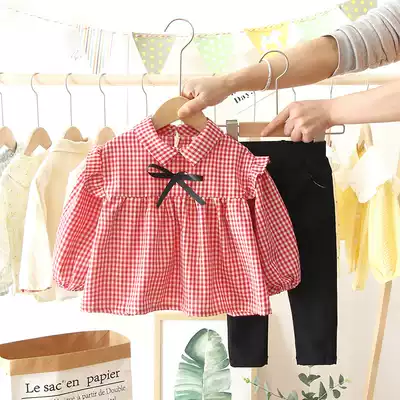 Female baby plaid shirt two-piece set 2021 spring new girls foreign style shirt stretch pants set
