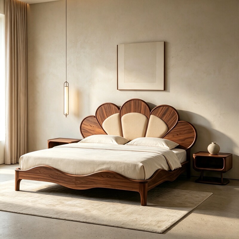 Medieval Style Black Walnut Solid Wood Bed, Double Bed with Petal-Shaped Headboard, Soft Upholstery, Modern Minimalist Bedroom Furniture Medieval Style Black Walnut Solid Wood Bed, Double Bed with Petal-Shaped Headboard, Soft Upholstery, Modern Minimalist Bedroom Furniture