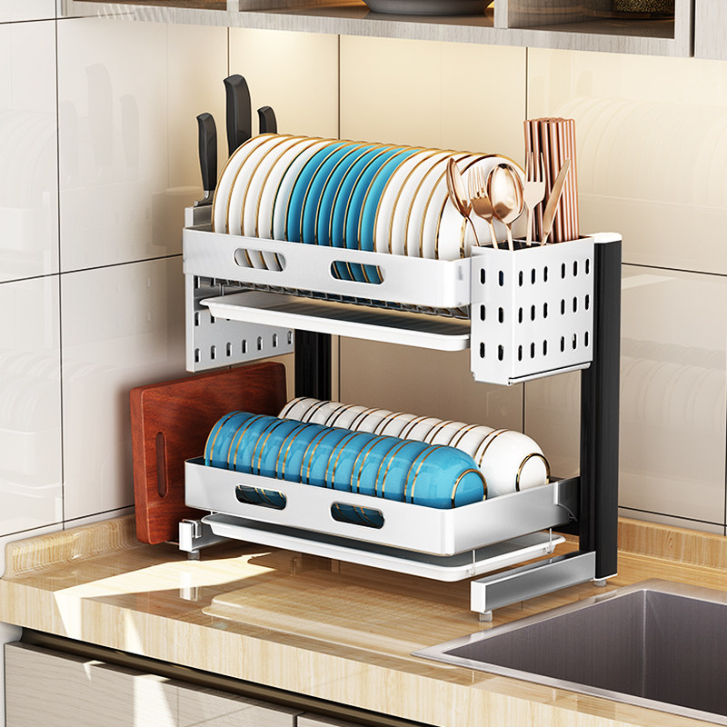 Space aluminum bowl rack drain rack countertop home double decker dish storage rack dish drip rack kitchen shelf