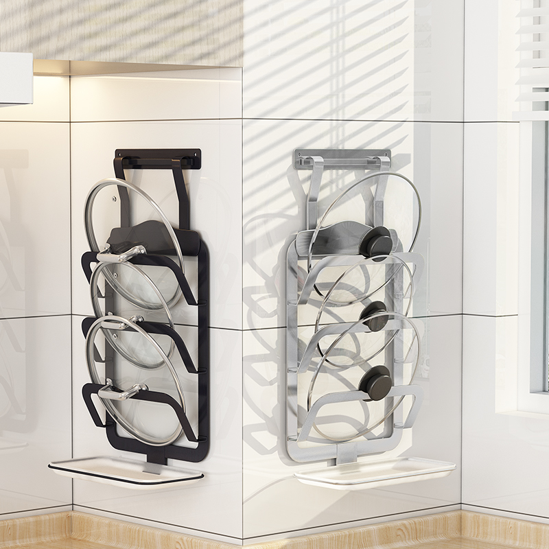 304 stainless steel pot lid rack wall hanging type punch-free hole kitchen shelf with water plate wall put wok storage