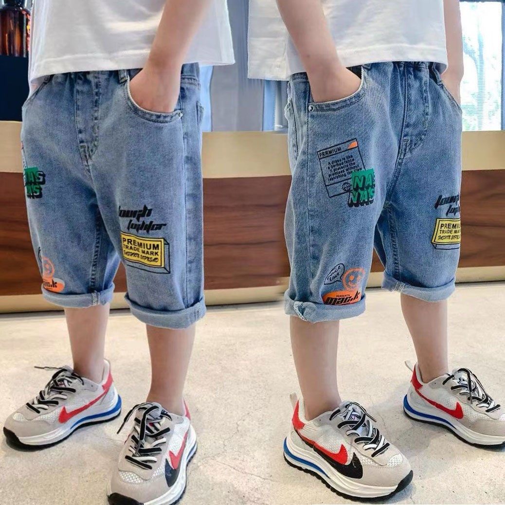 Over-the-knee boys' denim cropped pants summer new 2021 thin section medium and large children's loose 8 eight points 7 library