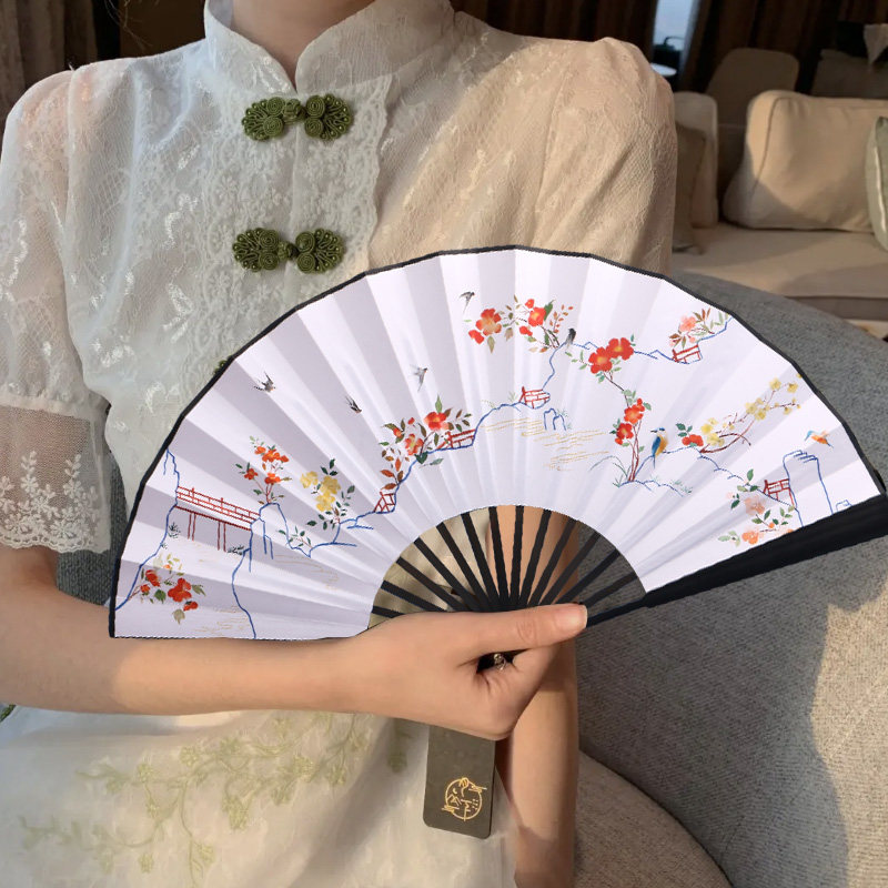 Fan Chinese style men's and women's Hanfu folding fan Chinese retro portable Kongfu flower and bird figure Women's folding fan