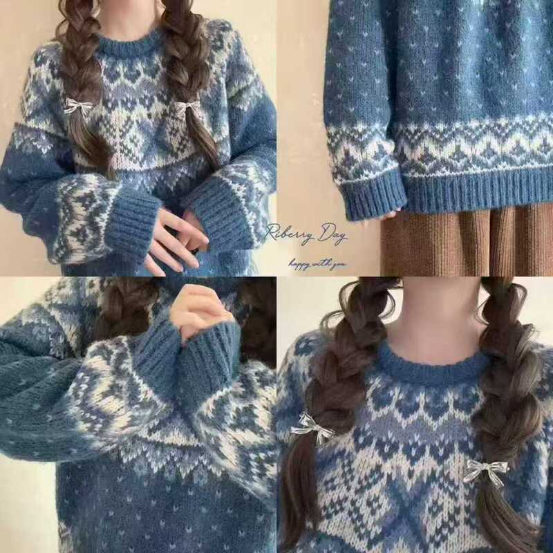 Fair Isle Jacquard Blue Raglan Sleeve Sweater for Women, Autumn and Winter, Atmospheric Style, Loose and Thick Knit Top Fair Isle Jacquard Blue Raglan Sleeve Sweater for Women, Autumn and Winter, Atmospheric Style, Loose and Thick Knit Top