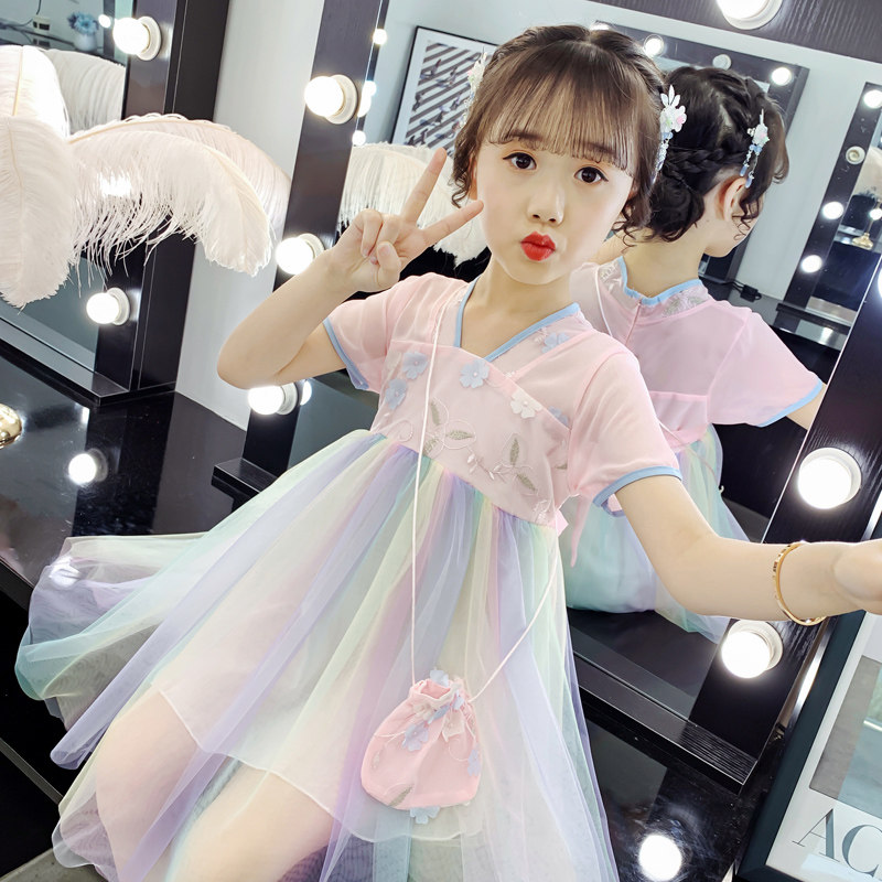 Girls Hanfu dress 2021 summer dress new children Chinese style super fairy costume chiffon mesh gauze color skirt skirt