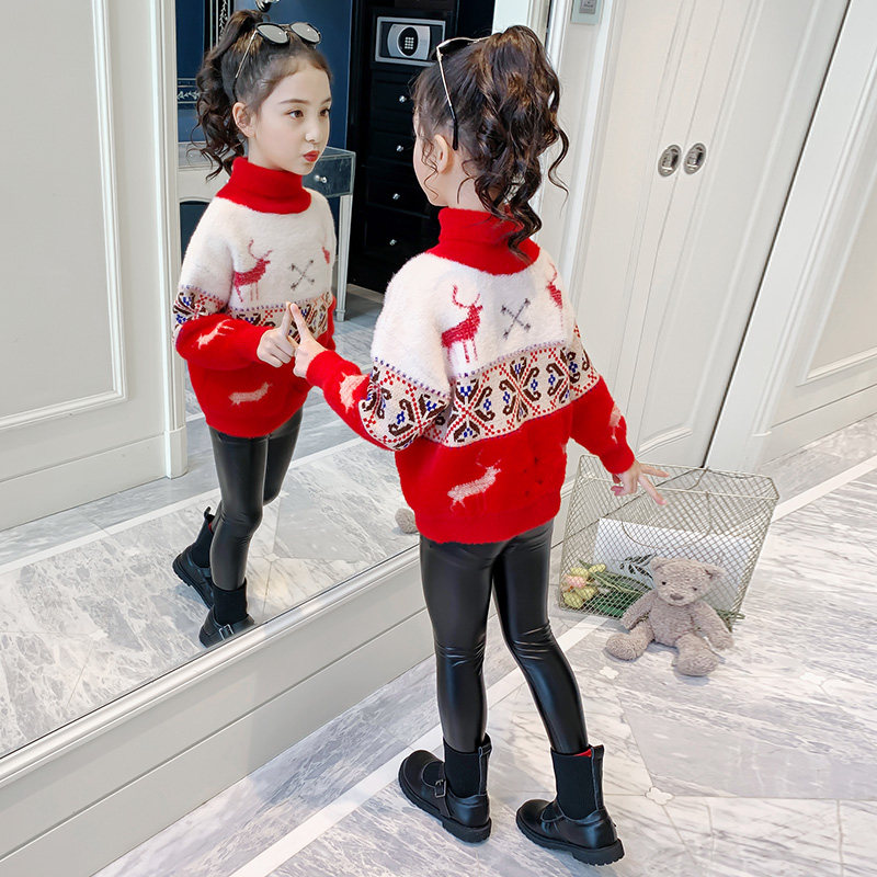 Girls mink fluffy red sweater 2021 autumn/winter new children's foreign girl high neck plus plush thick leggings