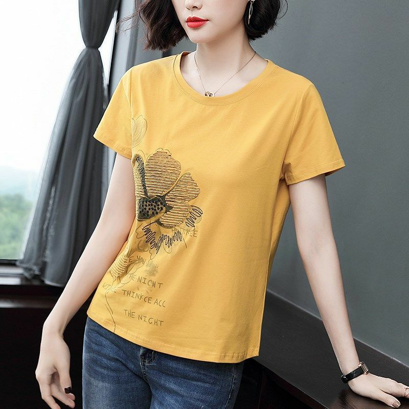 Cotton-containing summer new short-sleeved t-shirt female Korean version loose large size round neck print middle-aged ladies casual tops